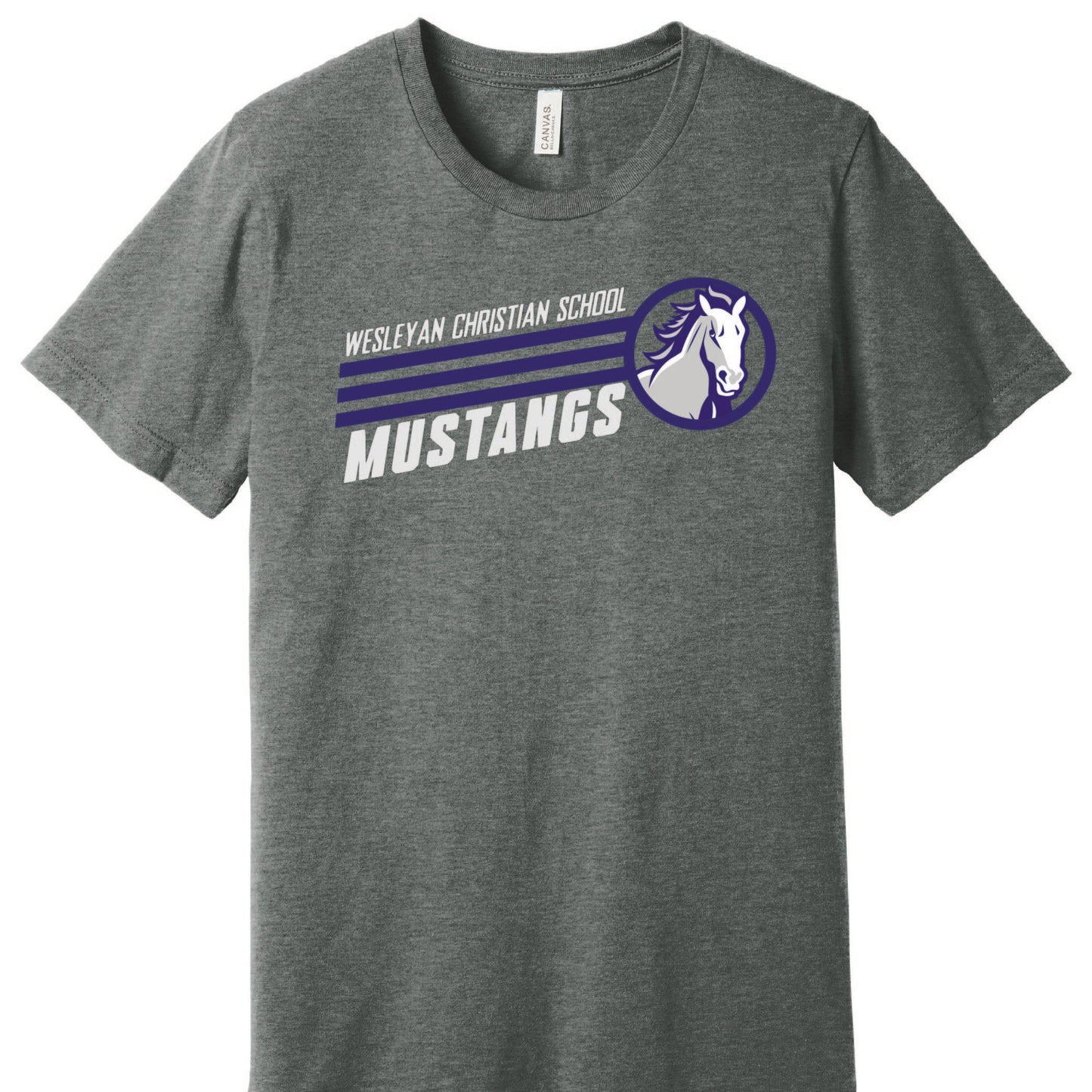 Vintage design Wesleyan Christian School Mustangs BELLA+CANVAS® Unisex Deep Heather Grey CVC Short Sleeve Tee