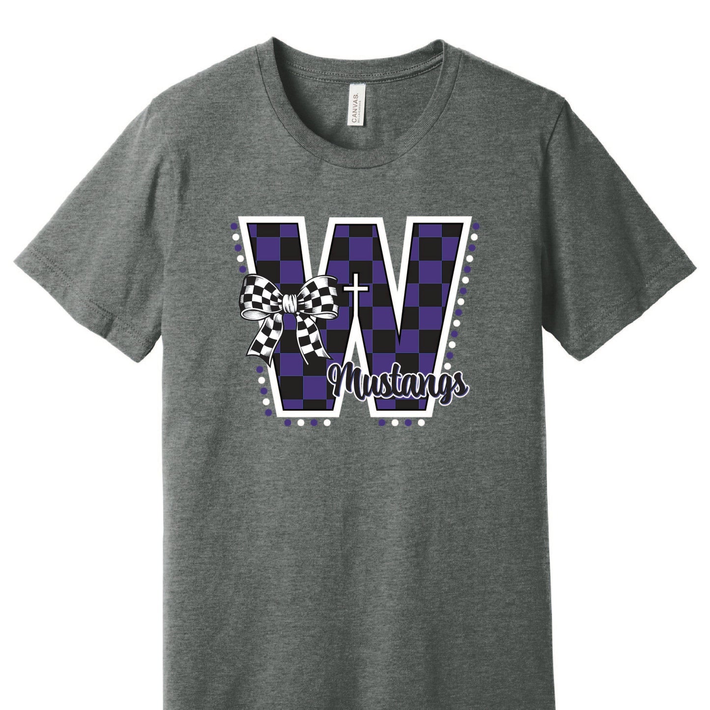 RETRO CHECK Wesleyan Mustangs BELLA+CANVAS® Unisex Deep Heather Grey CVC Short Sleeve Tee