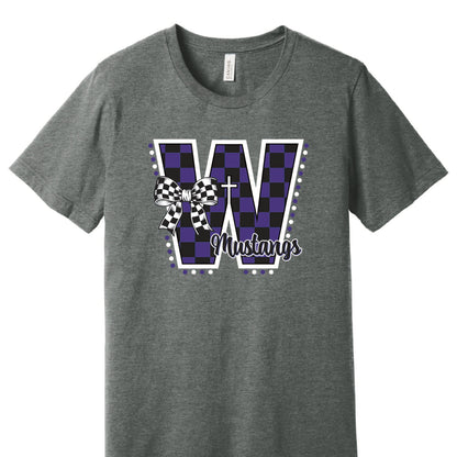 RETRO CHECK Wesleyan Mustangs BELLA+CANVAS® Unisex Deep Heather Grey CVC Short Sleeve Tee