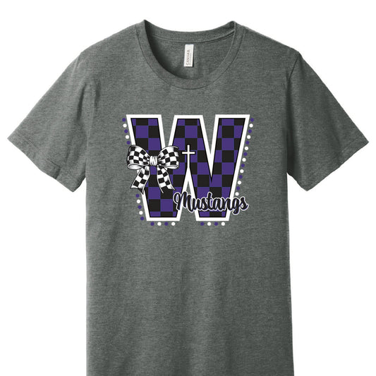 RETRO CHECK Wesleyan Mustangs BELLA+CANVAS® Unisex Deep Heather Grey CVC Short Sleeve Tee